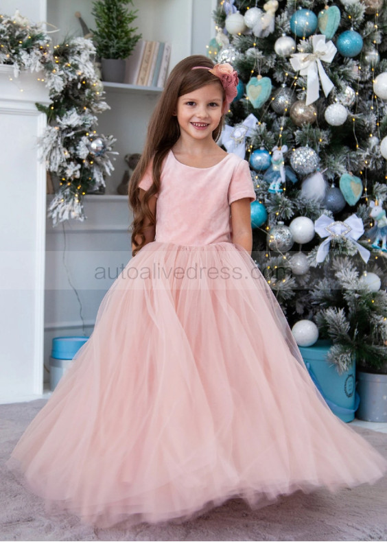 Short Sleeves Blush Pink Velvet Tulle Flower Girl Dress